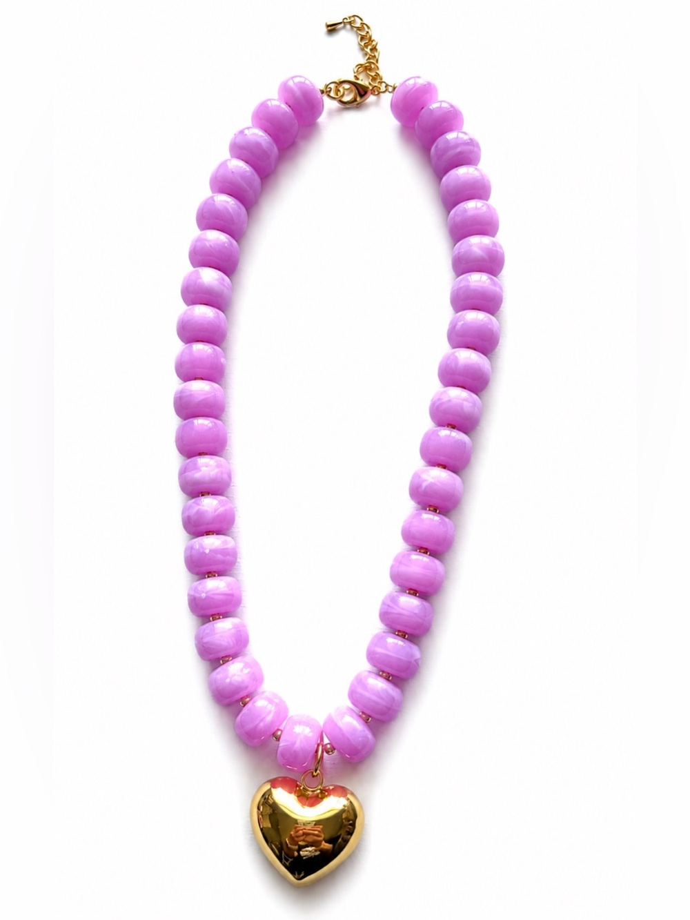 Chunky Beaded Necklace with Gold Heart Pendant- Light Pink